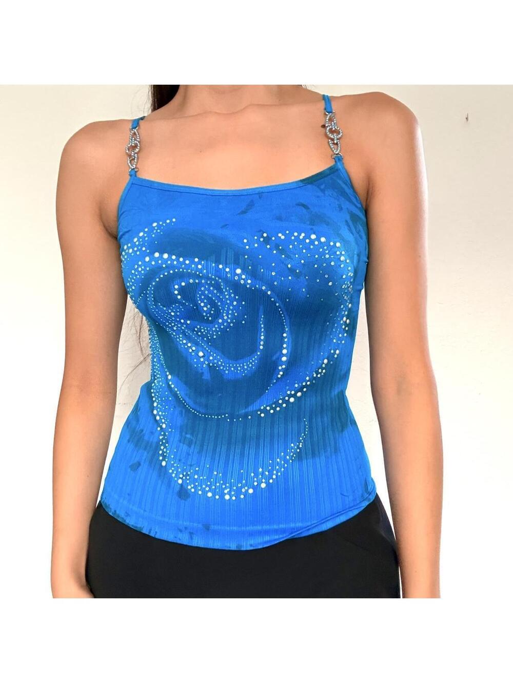 Y2K M U.S.A blue rhinestone rose tank top